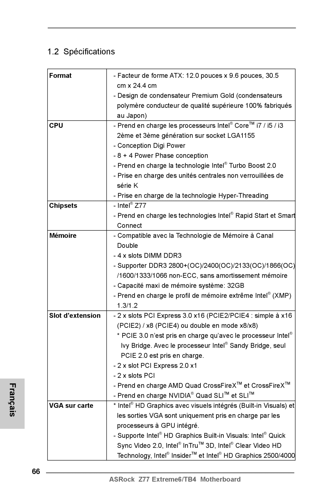 ASRock Z77 Extreme6/TB4 manual Format, Chipsets, Mémoire, Slot d’extension, VGA sur carte 