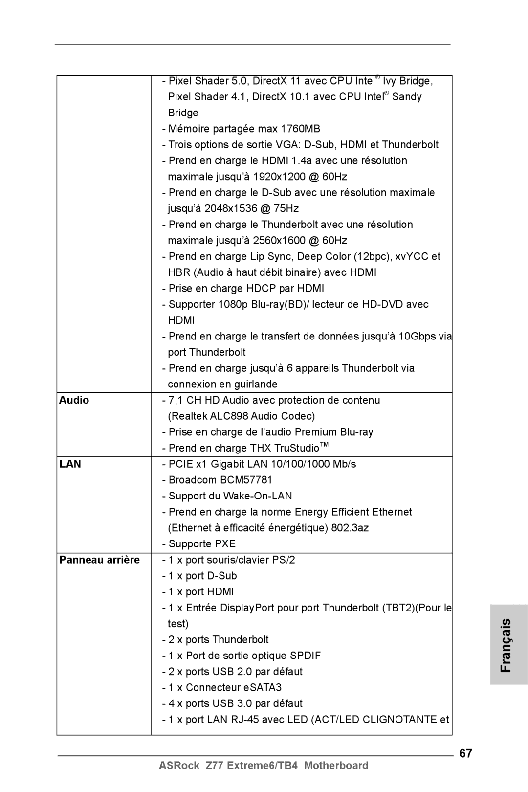 ASRock Z77 Extreme6/TB4 manual Panneau arrière, Port souris/clavier PS/2 Port D-Sub Port Hdmi 