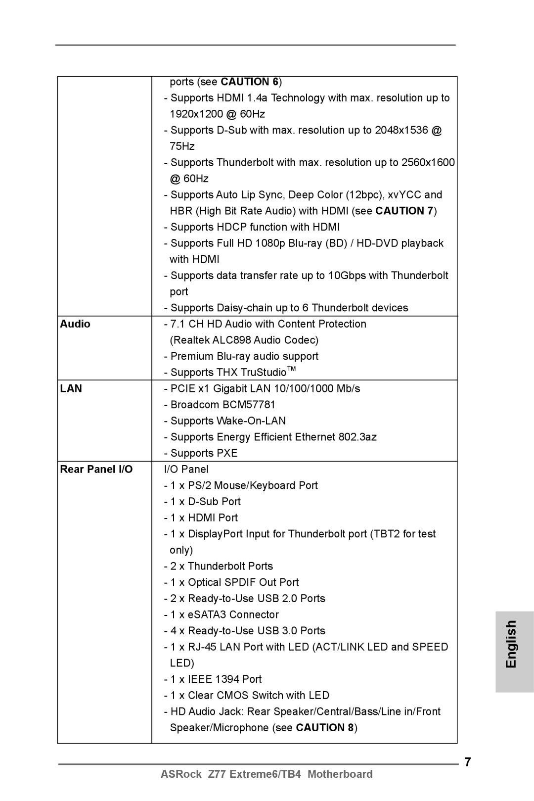 ASRock Z77 Extreme6/TB4 manual Audio, Rear Panel I/O 