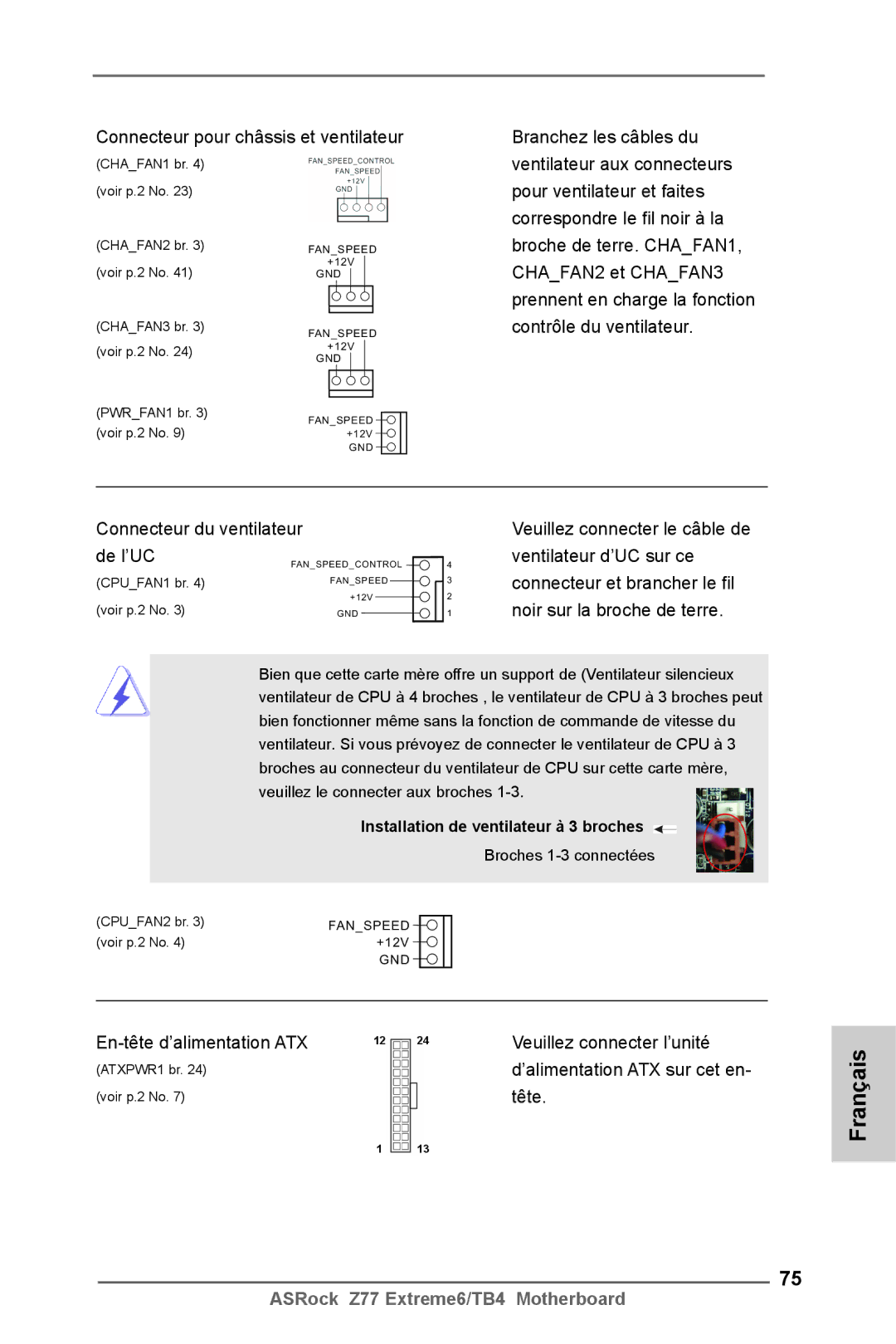 ASRock Z77 Extreme6/TB4 manual En-tête d’alimentation ATX Veuillez connecter l’unité, Tête 