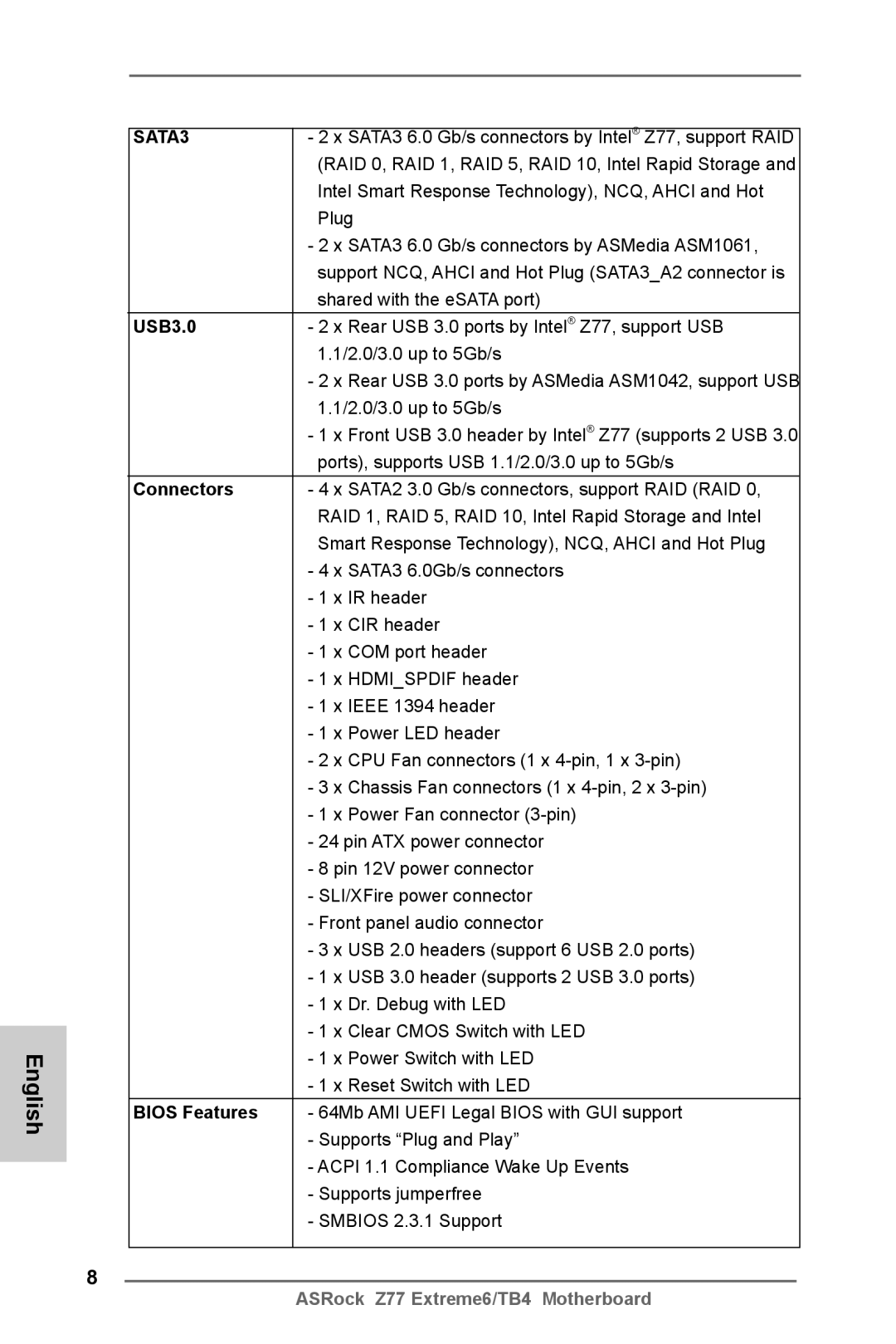 ASRock Z77 Extreme6/TB4 manual USB3.0, Ports, supports USB 1.1/2.0/3.0 up to 5Gb/s, Connectors, Bios Features 