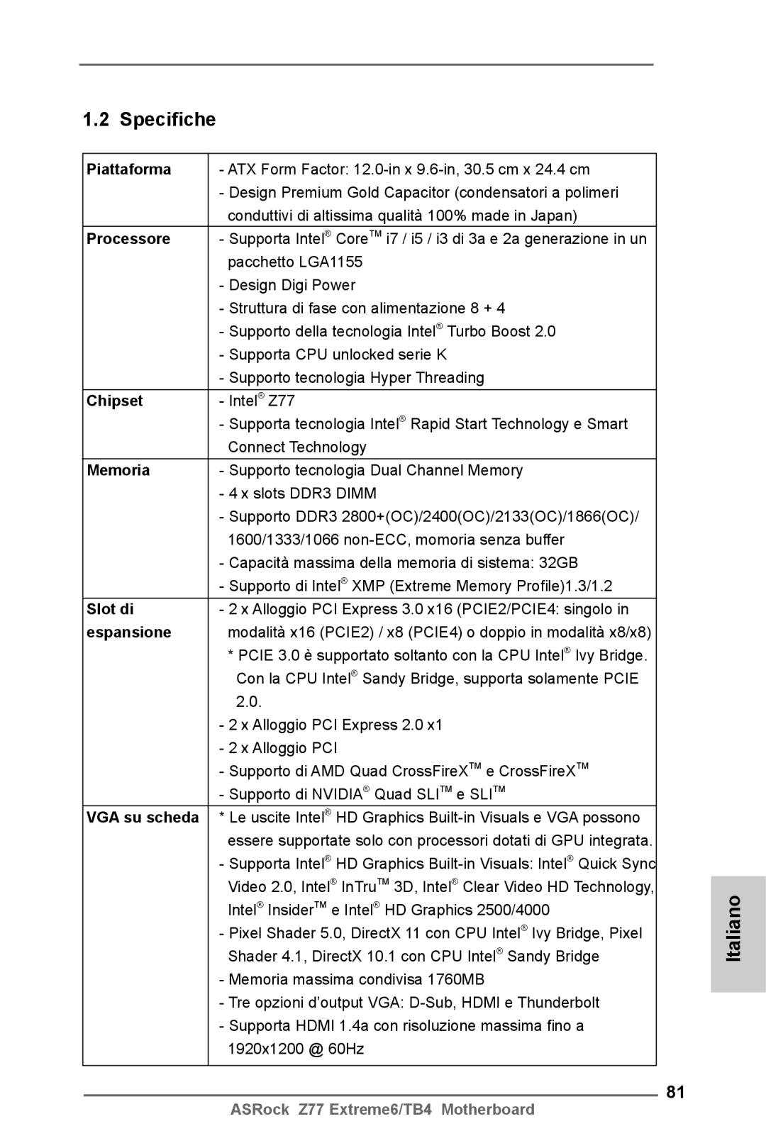 ASRock Z77 Extreme6/TB4 manual Specifiche 