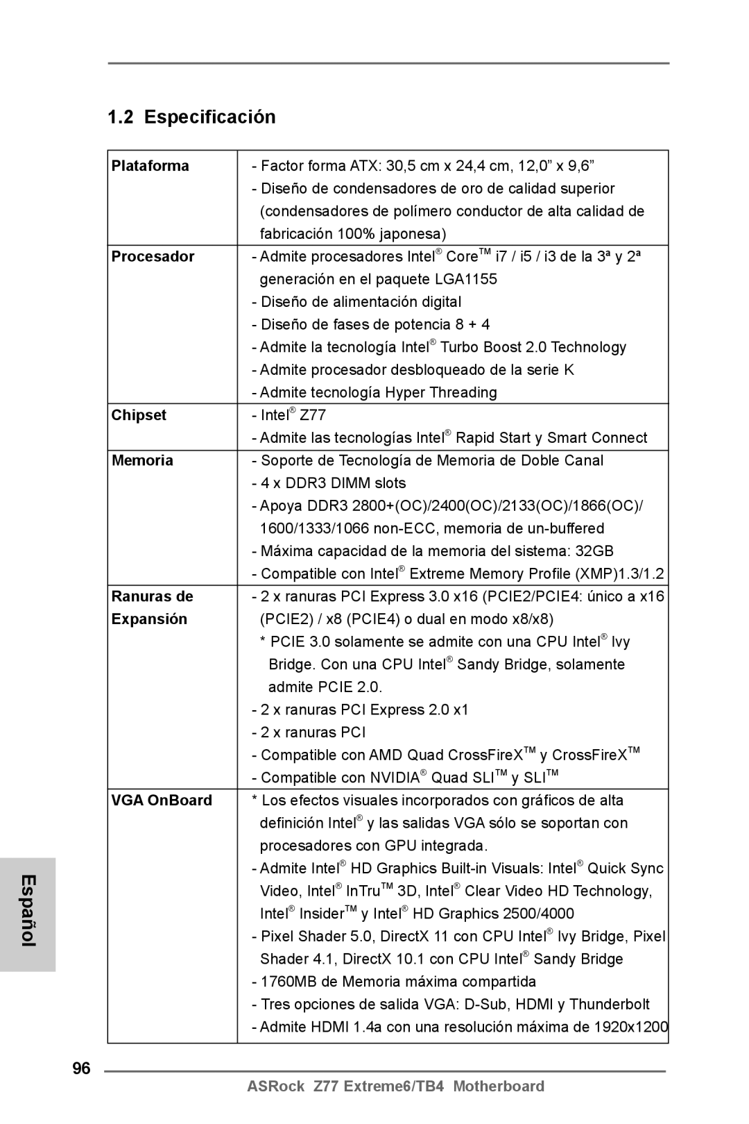 ASRock Z77 Extreme6/TB4 manual Español Especificación 