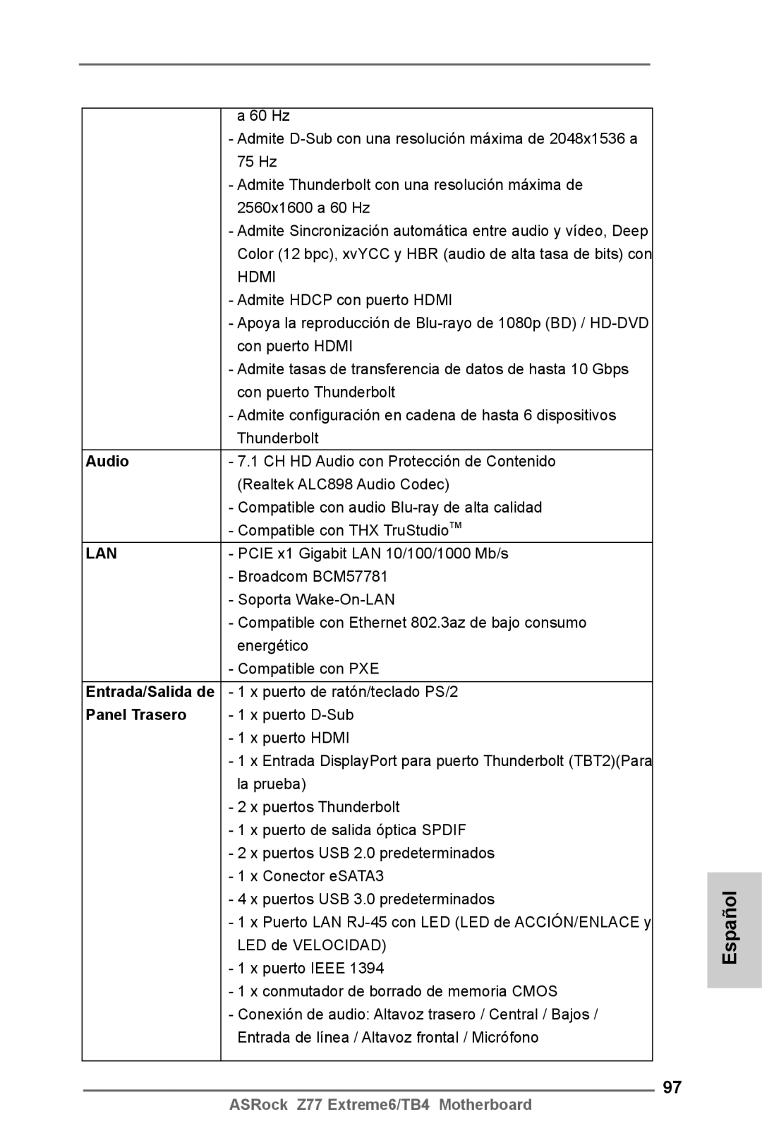 ASRock Z77 Extreme6/TB4 manual Panel Trasero 