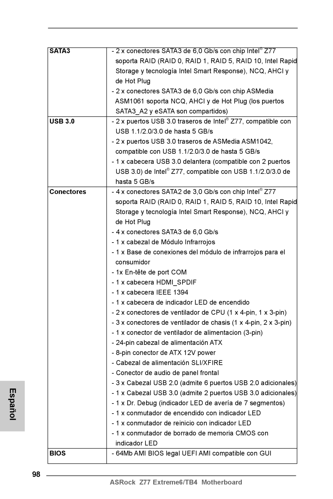 ASRock Z77 Extreme6/TB4 manual Conectores, 64Mb AMI Bios legal Uefi AMI compatible con GUI 