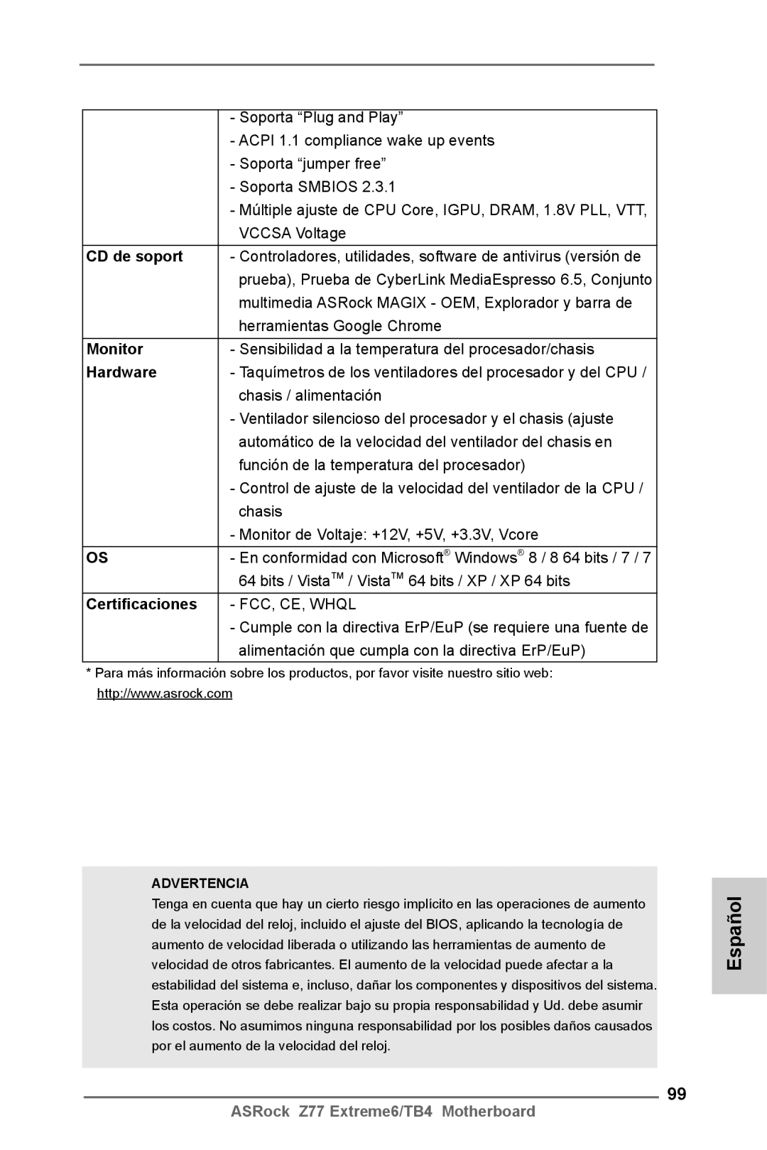 ASRock Z77 Extreme6/TB4 manual CD de soport, Certificaciones 