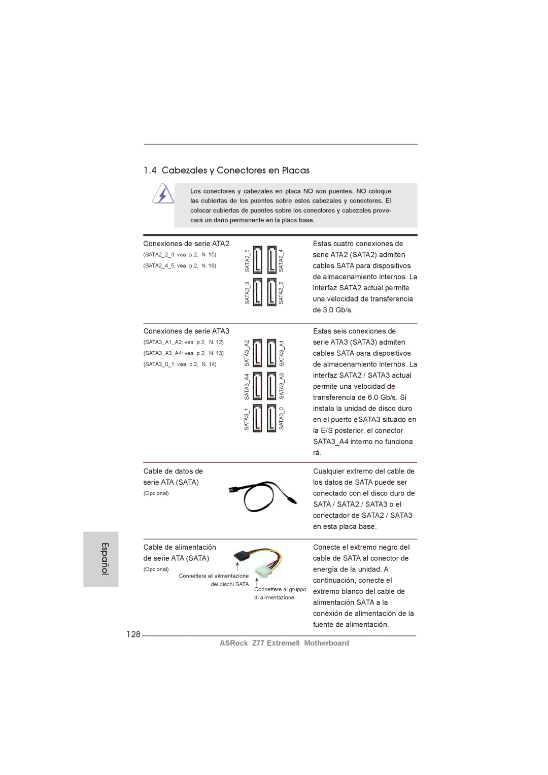 ASRock Z77 Extreme9 manual Cabezales y Conectores en Placas, 128, Conexiones de serie ATA2 