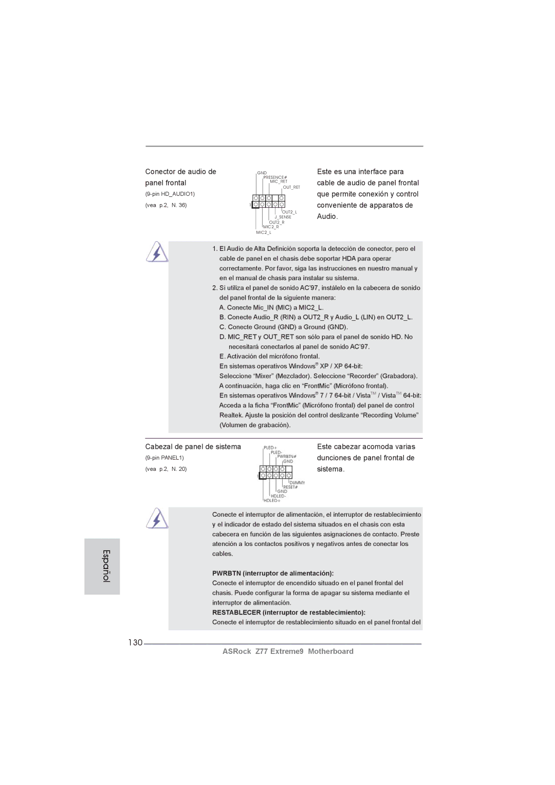 ASRock Z77 Extreme9 manual 130, Conector de audio de, Panel frontal, Cabezal de panel de sistema, Sistema 