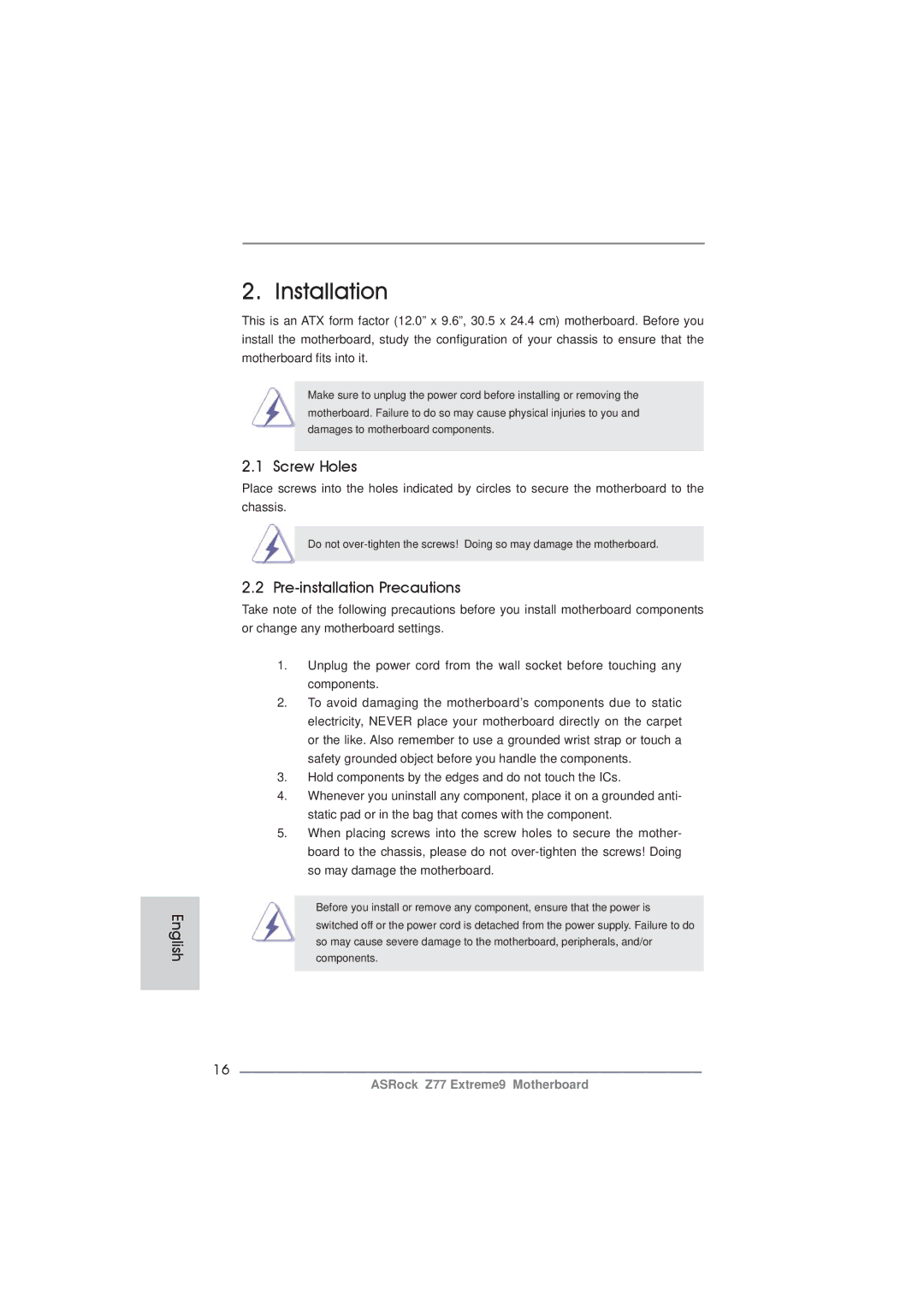 ASRock Z77 Extreme9 manual Screw Holes, Pre-installation Precautions 