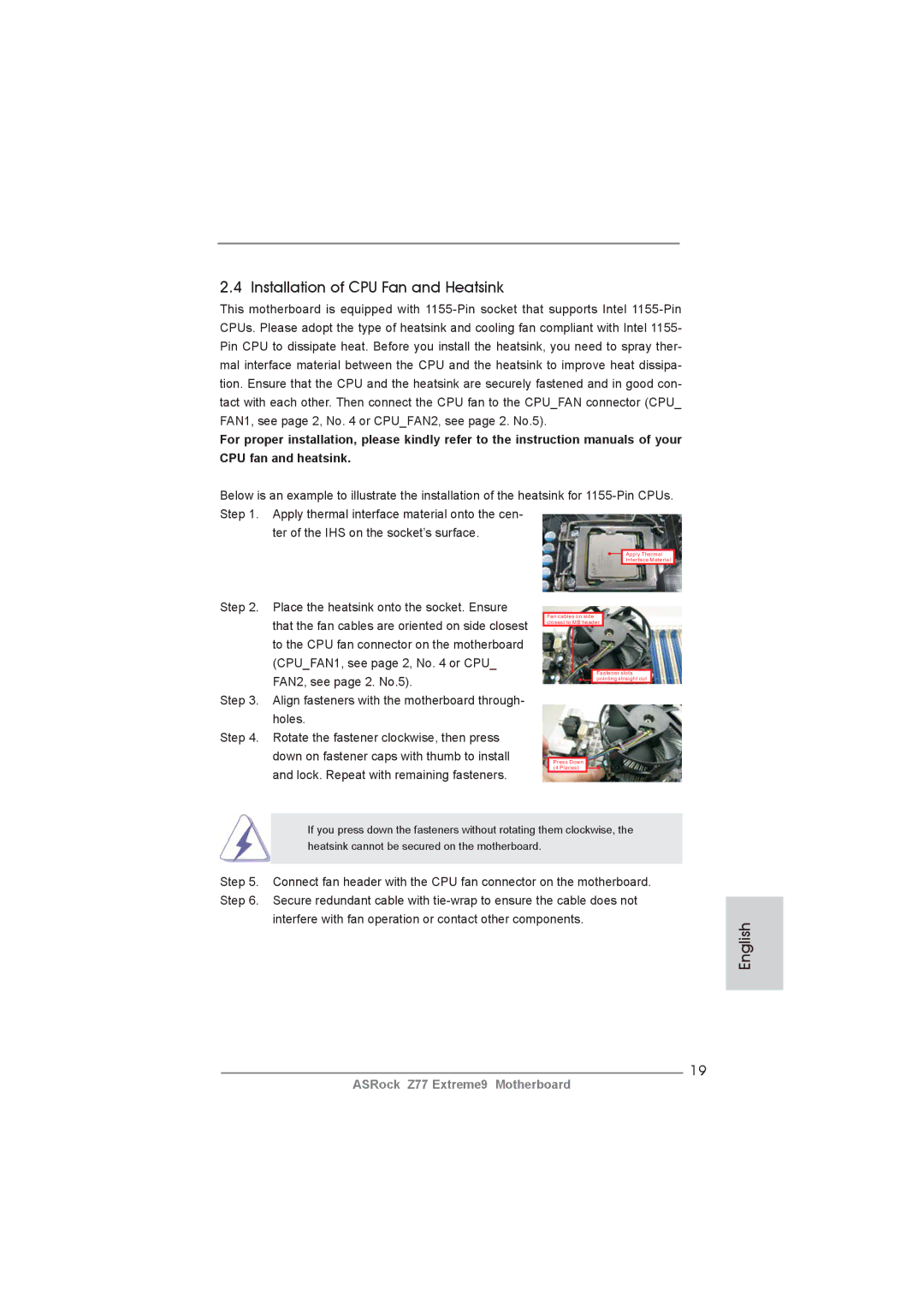 ASRock Z77 Extreme9 manual Installation of CPU Fan and Heatsink 