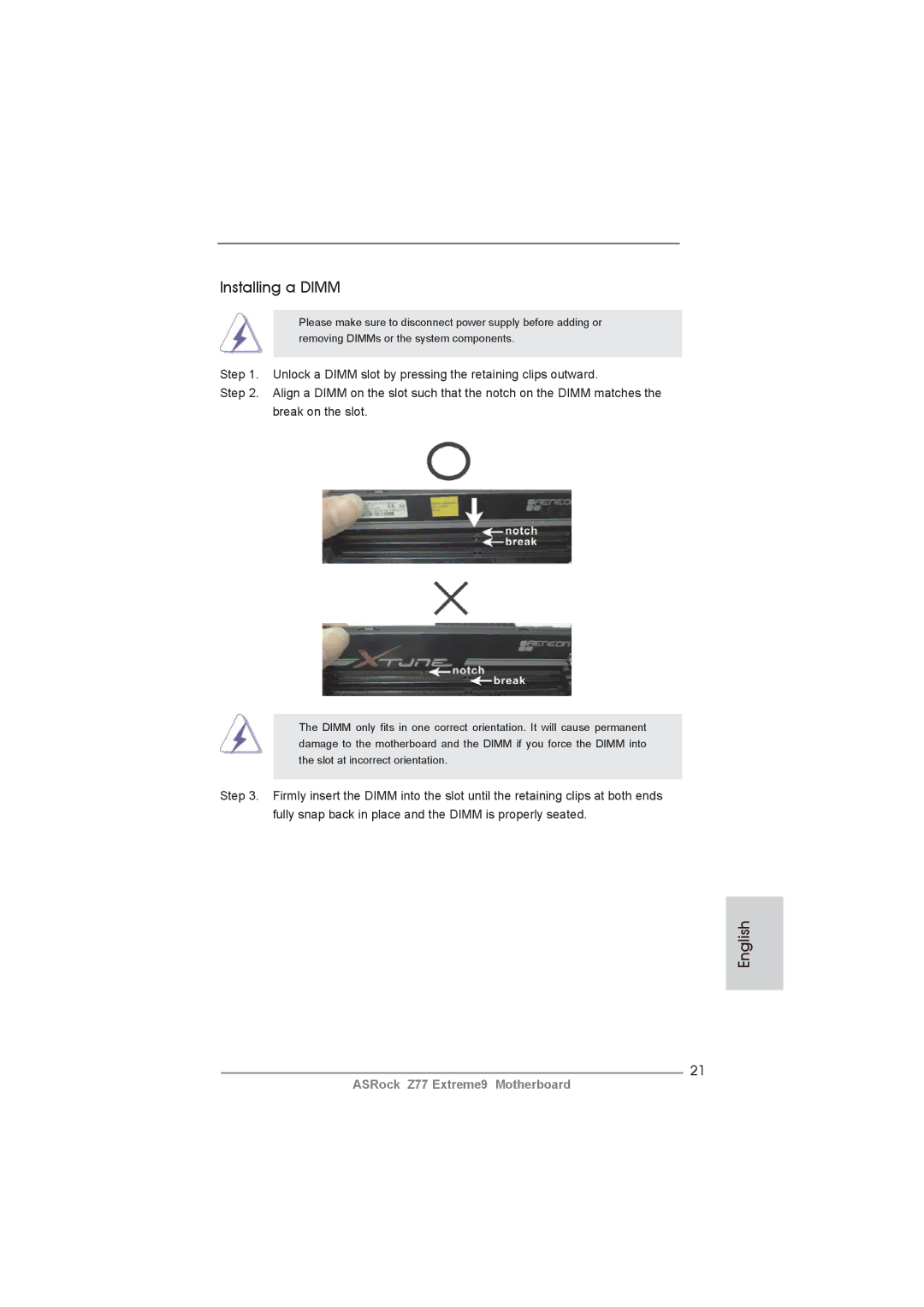 ASRock Z77 Extreme9 manual Installing a Dimm 