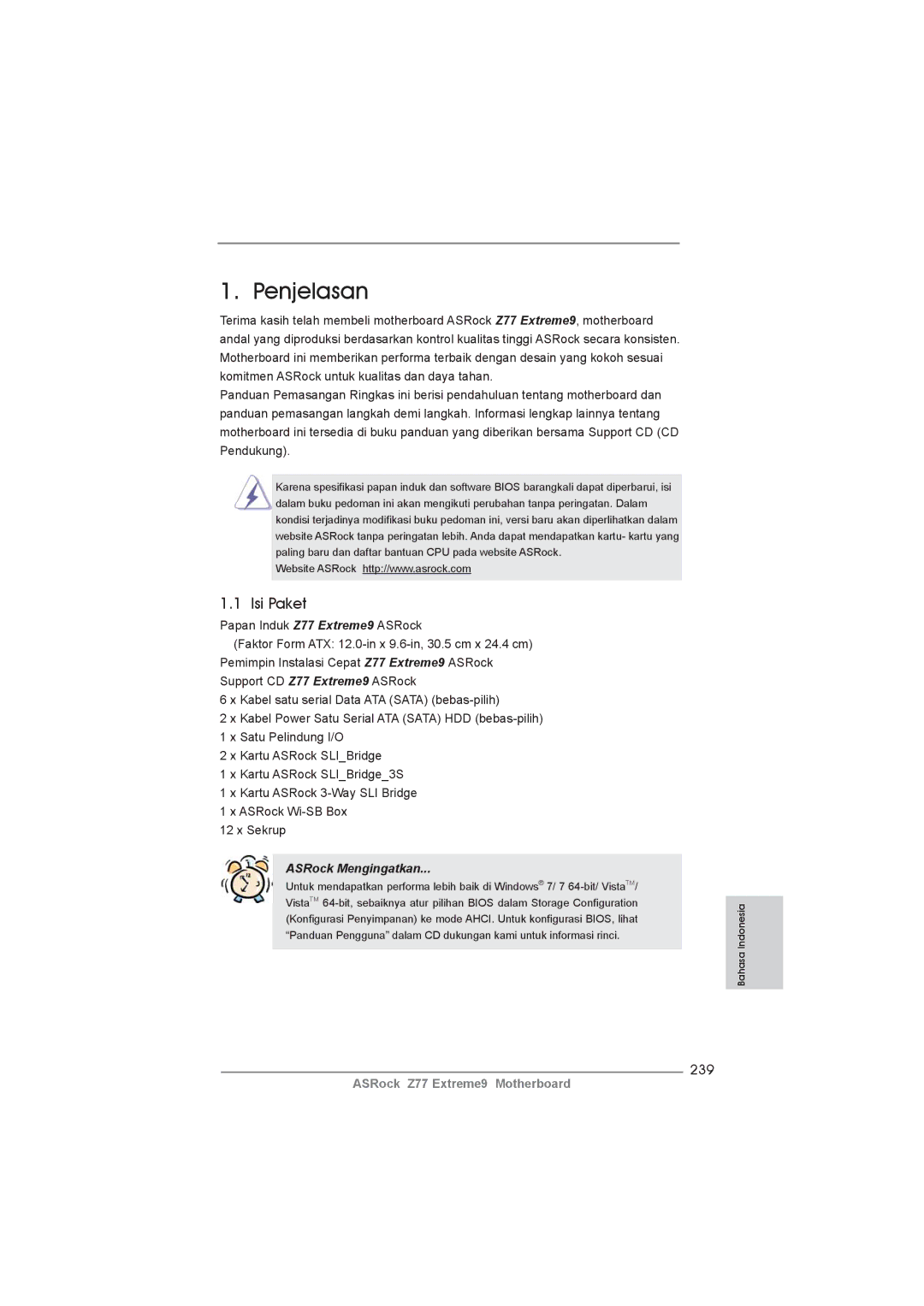 ASRock Z77 Extreme9 manual Isi Paket, 239 