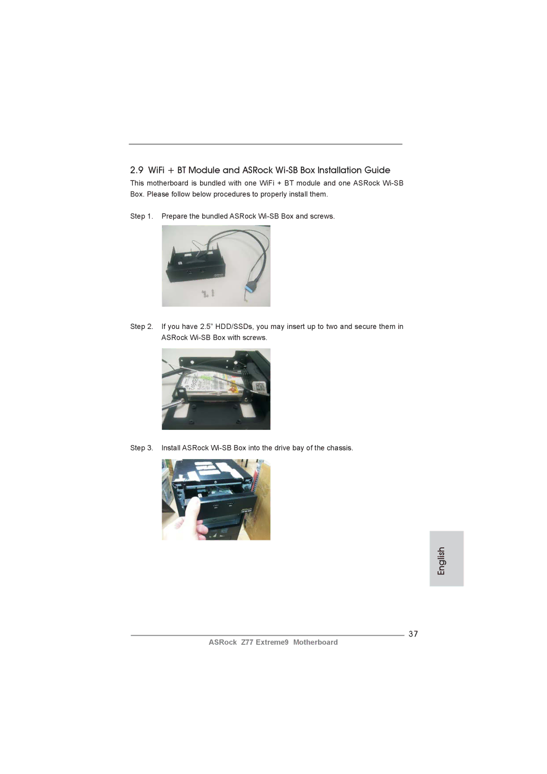 ASRock Z77 Extreme9 manual WiFi + BT Module and ASRock Wi-SB Box Installation Guide 