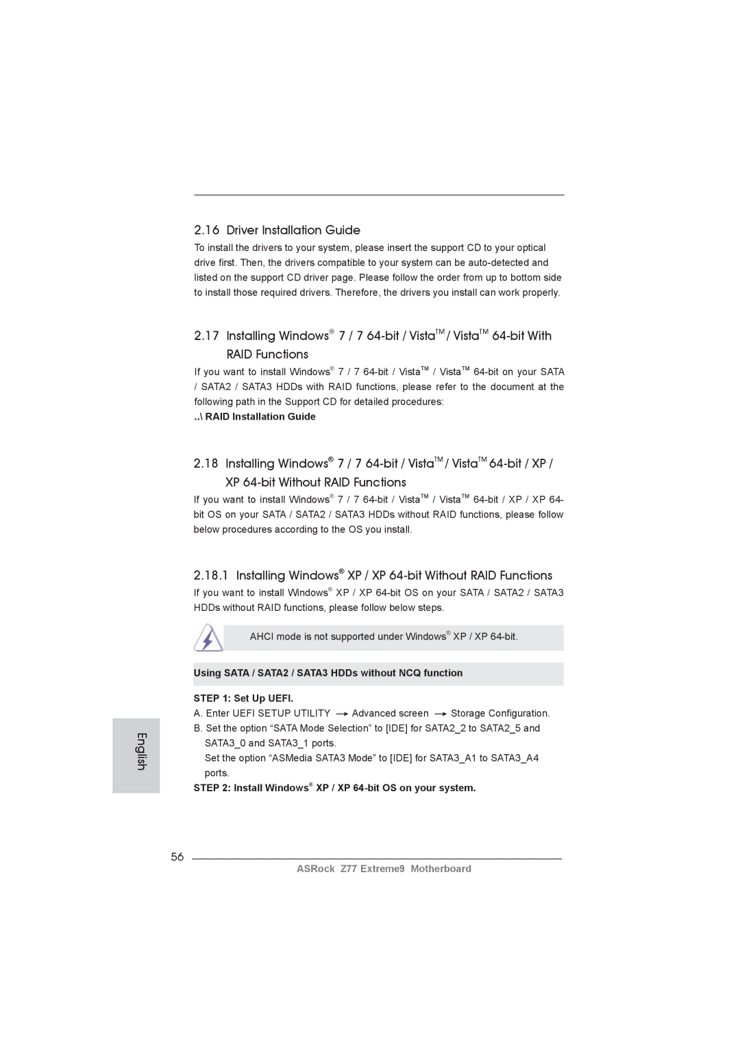 ASRock Z77 Extreme9 manual English Driver Installation Guide, Installing Windows XP / XP 64-bit Without RAID Functions 