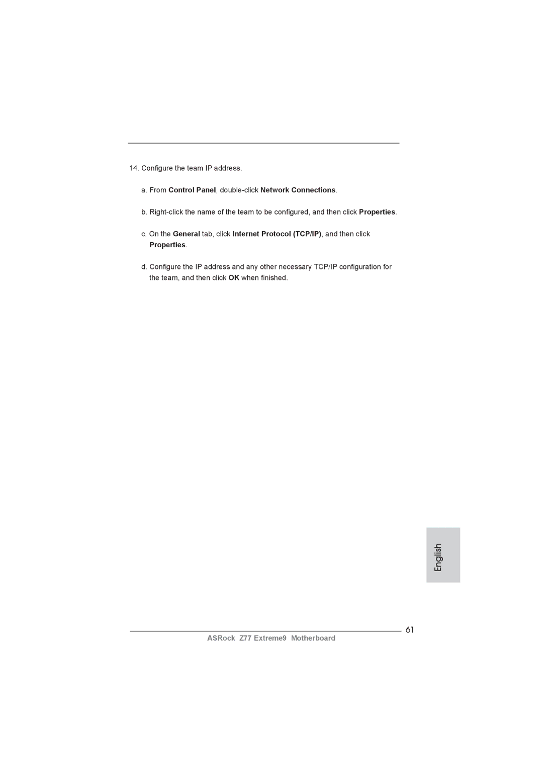 ASRock Z77 Extreme9 manual Conﬁgure the team IP address, From Control Panel, double-clickNetwork Connections 