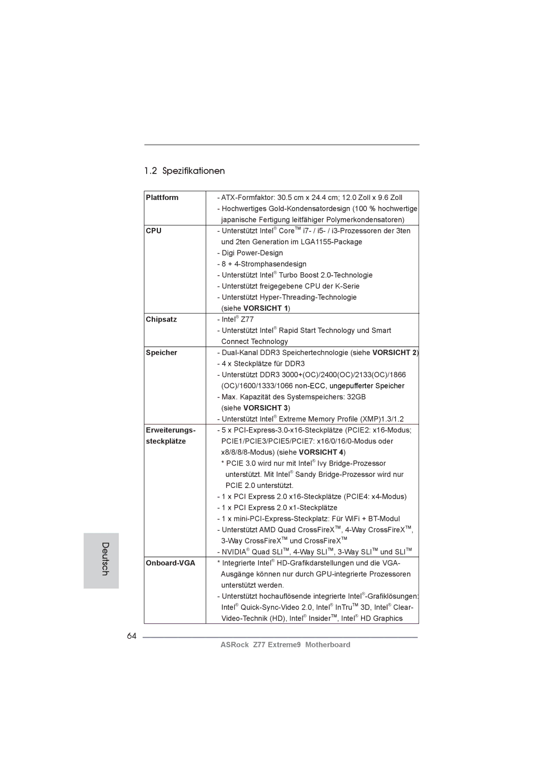 ASRock Z77 Extreme9 manual Spezifikationen Deutsch 
