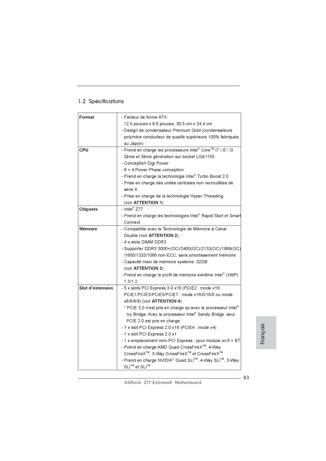 ASRock Z77 Extreme9 manual Spécifications 