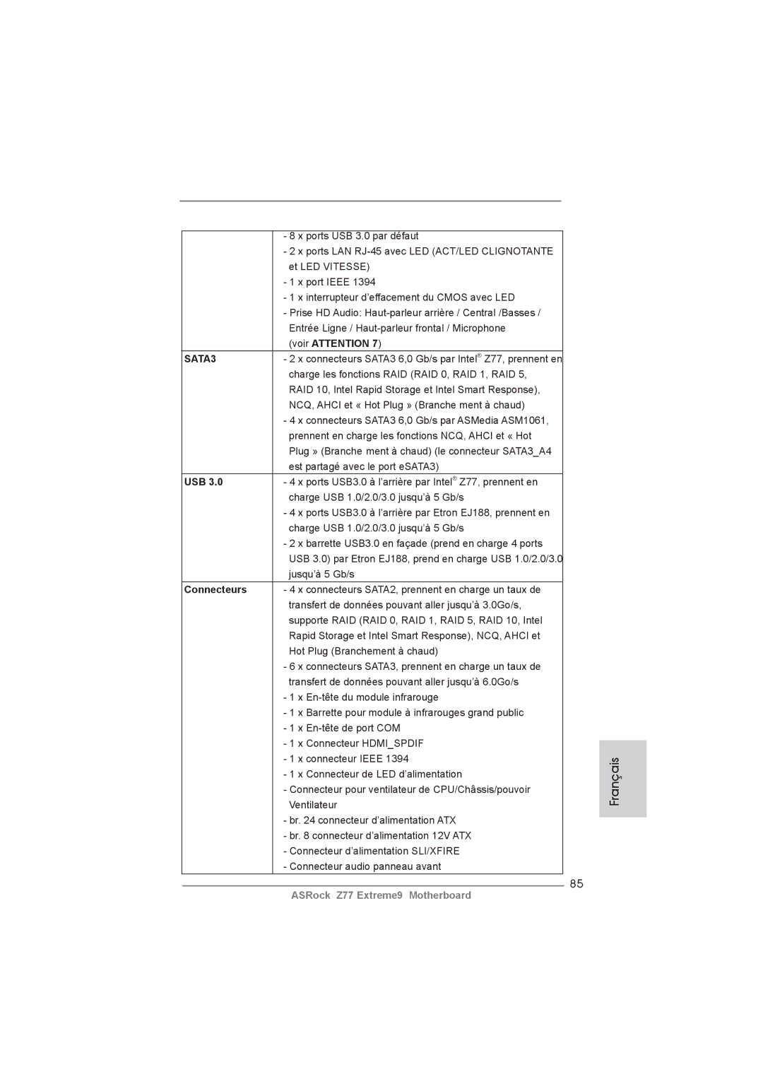 ASRock Z77 Extreme9 manual Usb, Connecteurs 