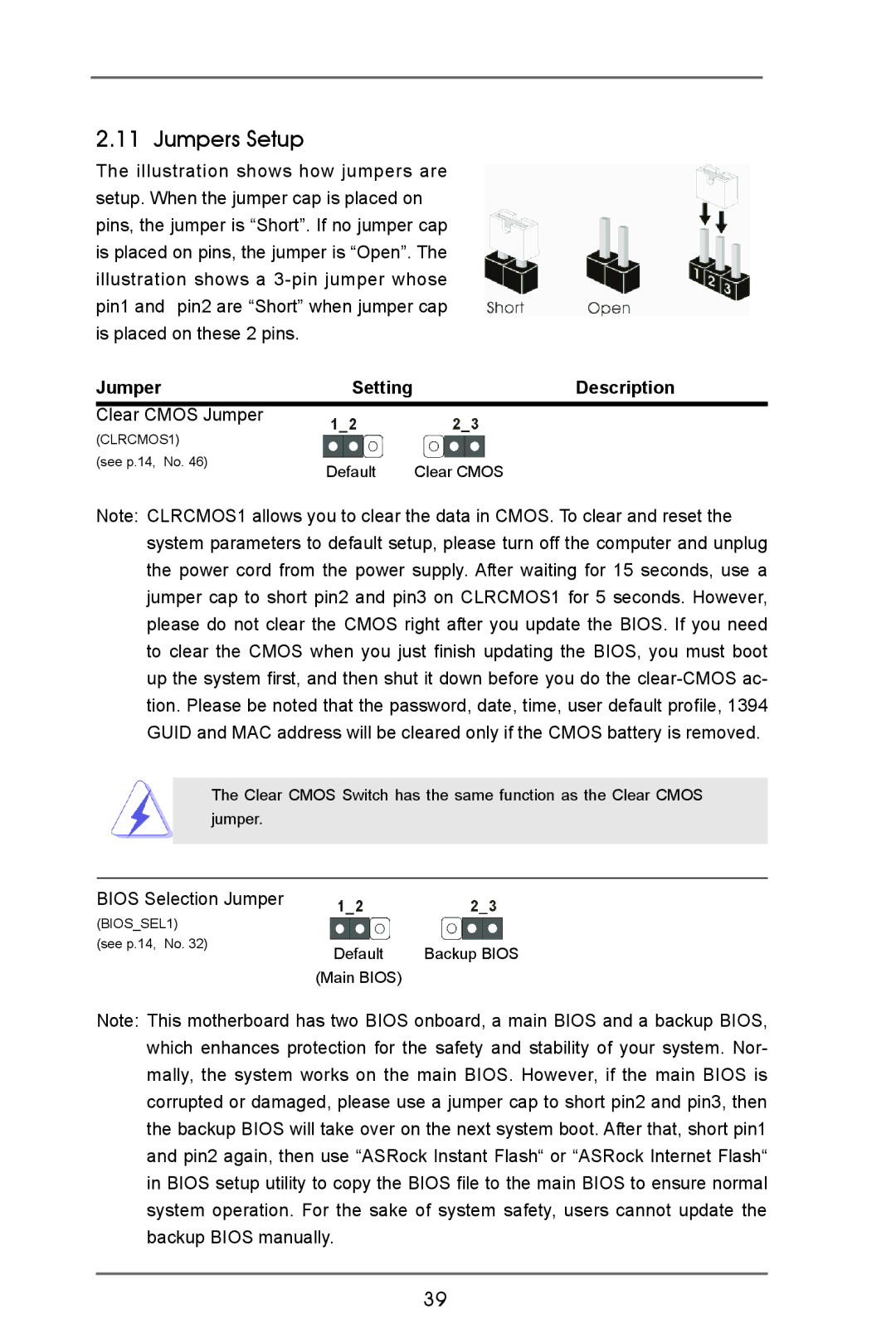 ASRock Z77 OC Formula manual Jumpers Setup, Description, Clear Cmos Jumper, Bios Selection Jumper 