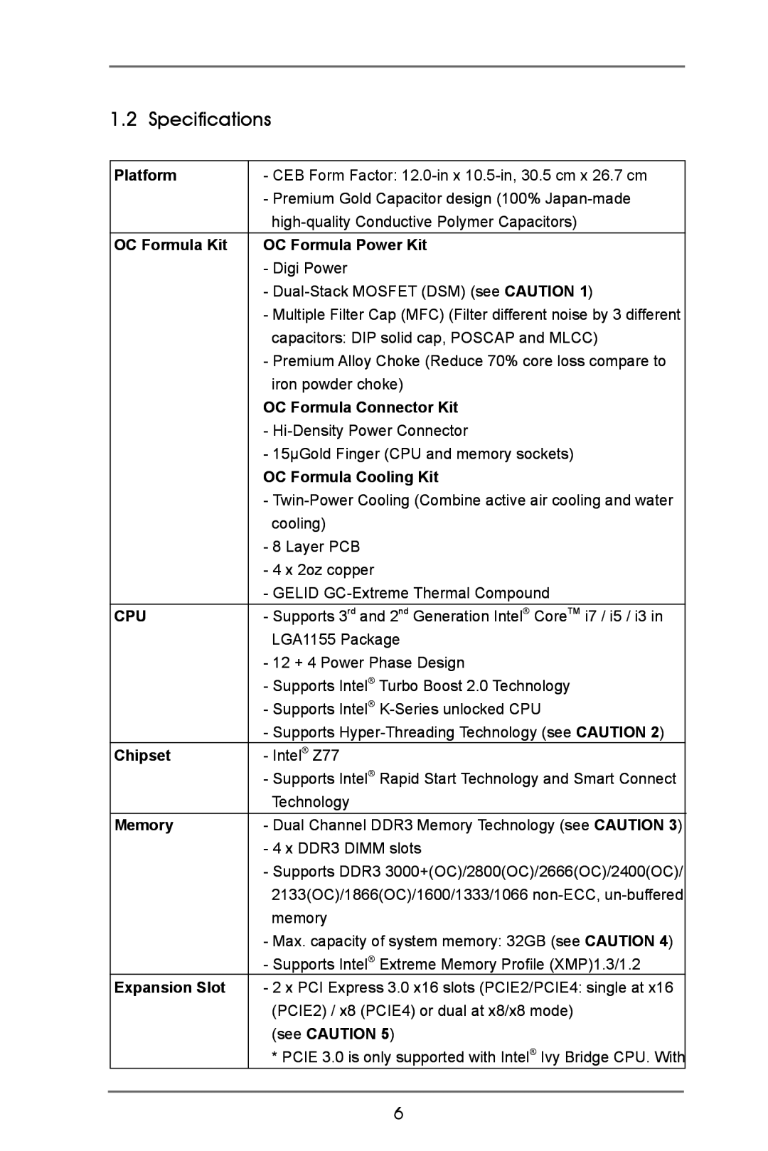 ASRock Z77 OC Formula manual Specifications 