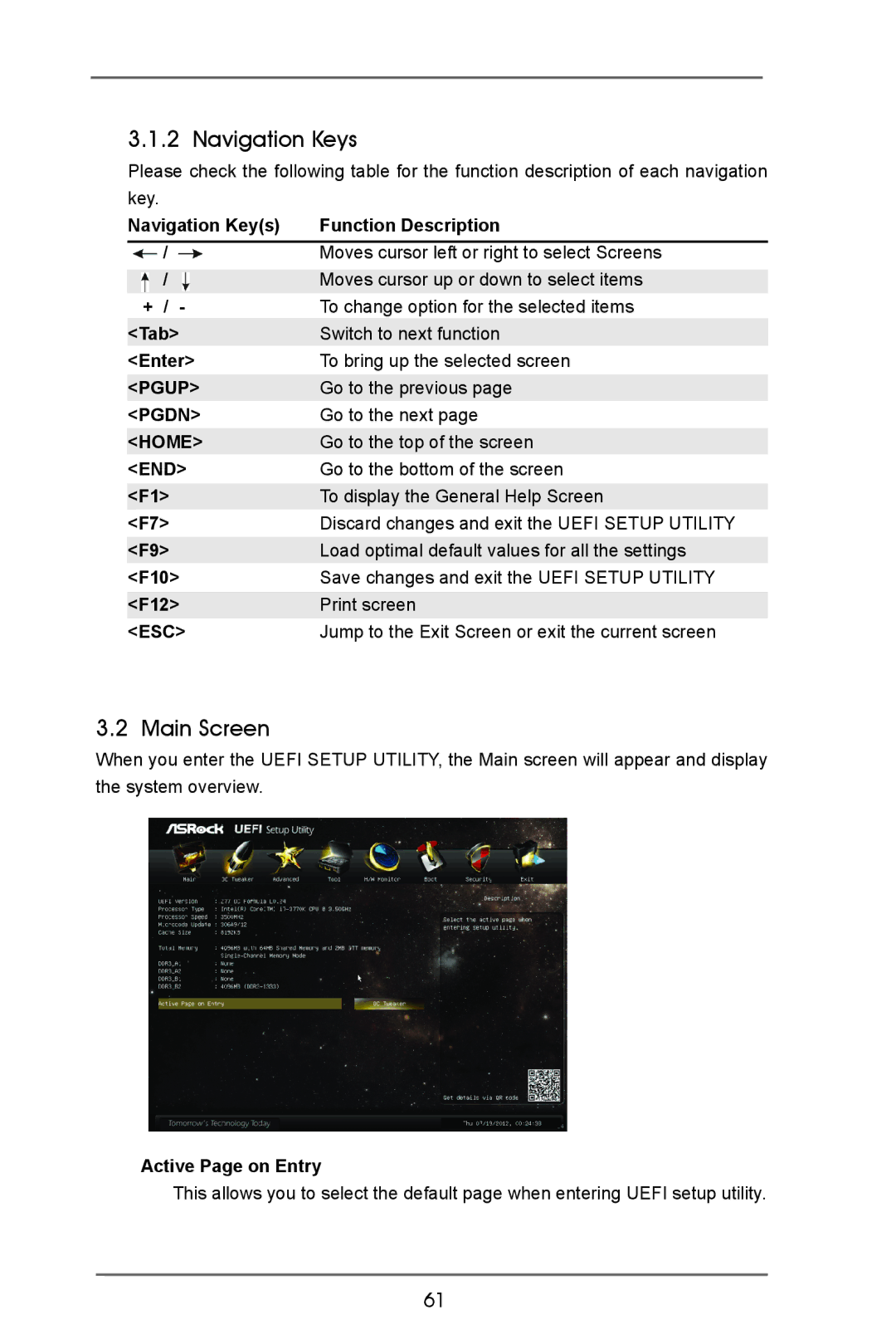 ASRock Z77 OC Formula manual Main Screen, Navigation Keys + / Tab Enter Pgup Pgdn Home, F10 F12, Active Page on Entry 