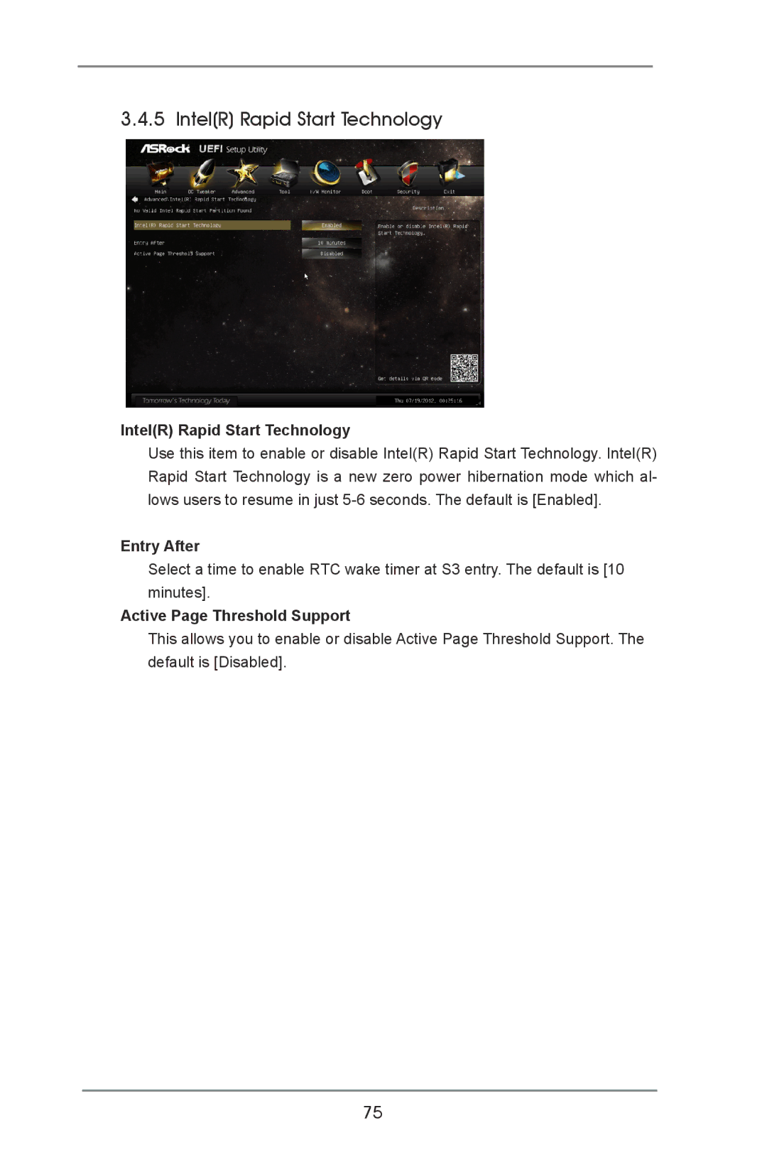 ASRock Z77 OC Formula manual IntelR Rapid Start Technology, Entry After, Active Page Threshold Support 