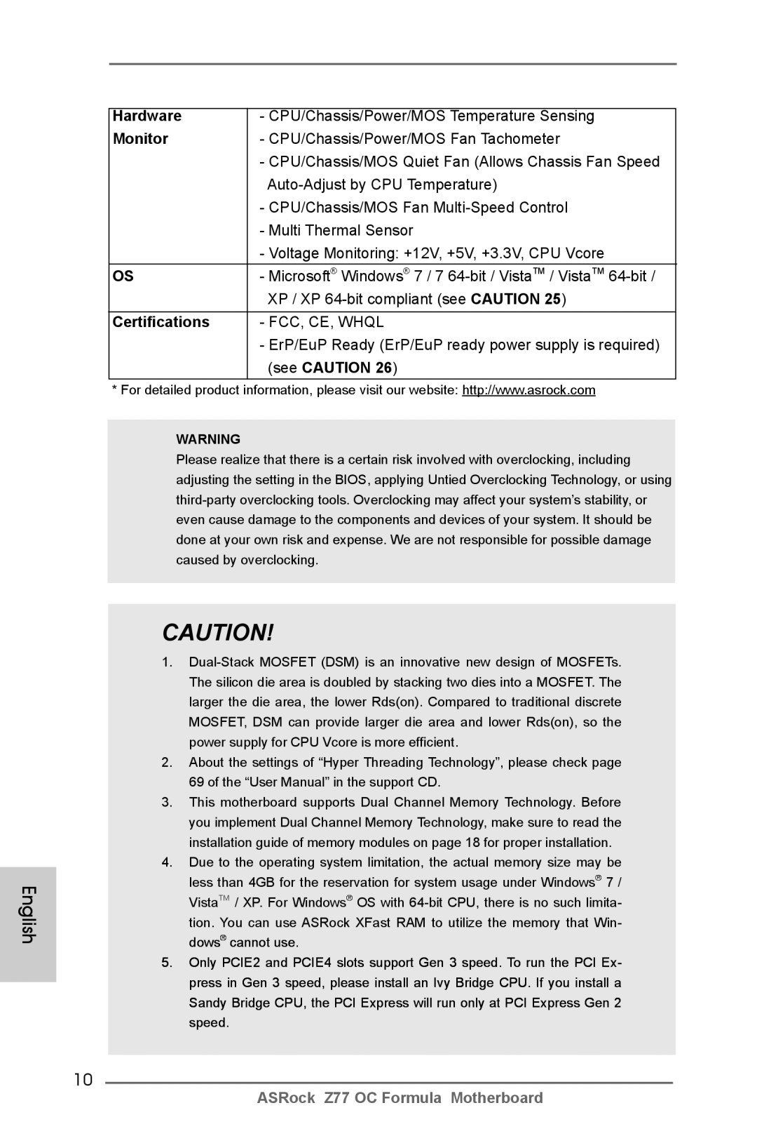 ASRock Z77 OC Formula manual Hardware, Monitor, Certifications 