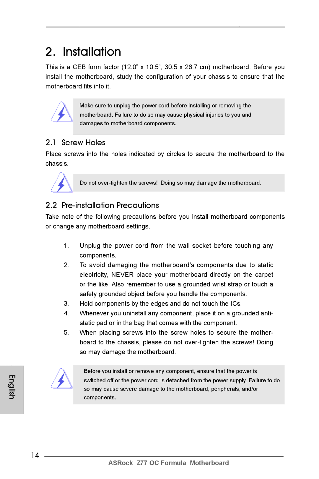 ASRock Z77 OC Formula manual Screw Holes, Pre-installation Precautions 