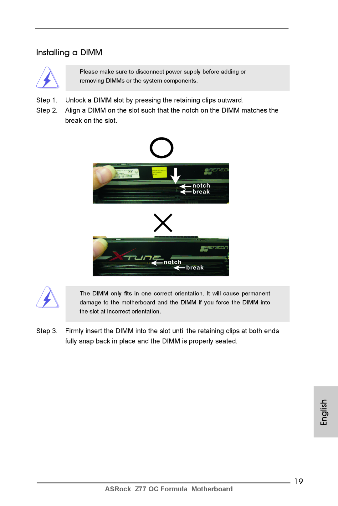ASRock Z77 OC Formula manual Installing a Dimm, Notch break Break 