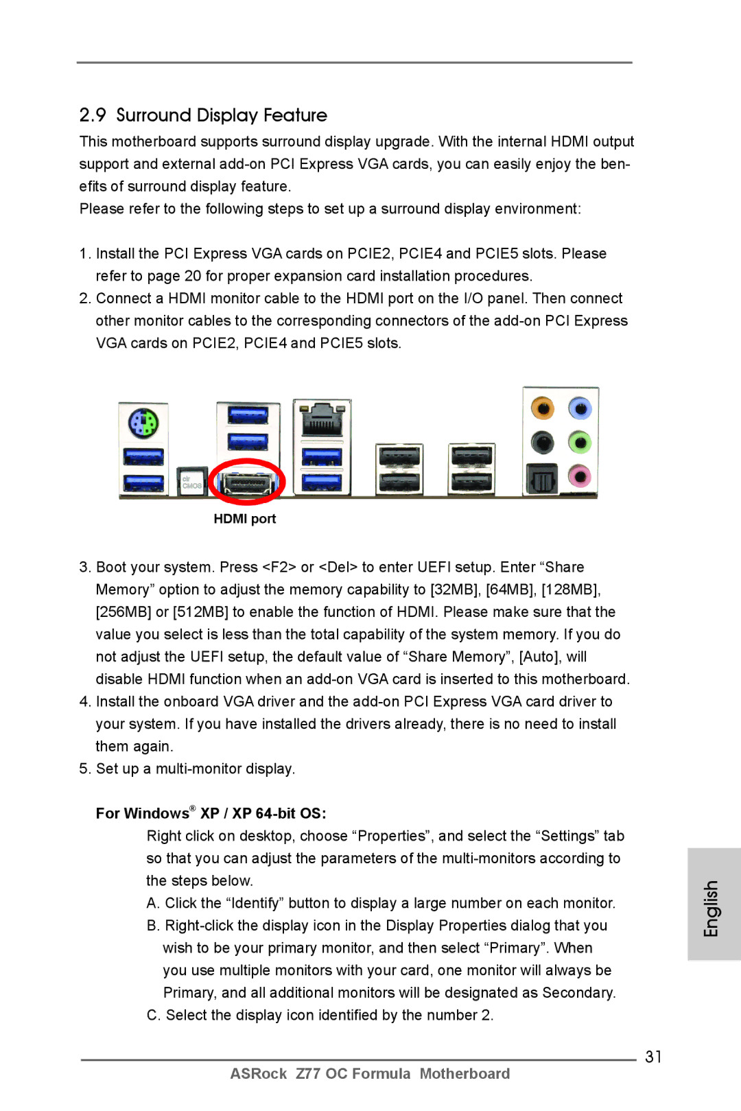 ASRock Z77 OC Formula manual Surround Display Feature, For Windows XP / XP 64-bit OS, Hdmi port 