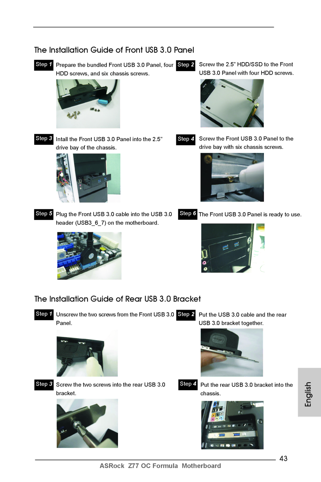 ASRock Z77 OC Formula manual Installation Guide of Front USB 3.0 Panel, Installation Guide of Rear USB 3.0 Bracket 