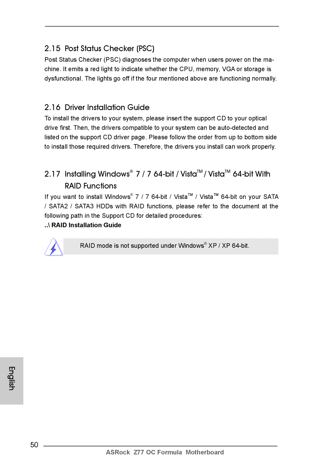 ASRock Z77 OC Formula manual Post Status Checker PSC, Driver Installation Guide, RAID Installation Guide 