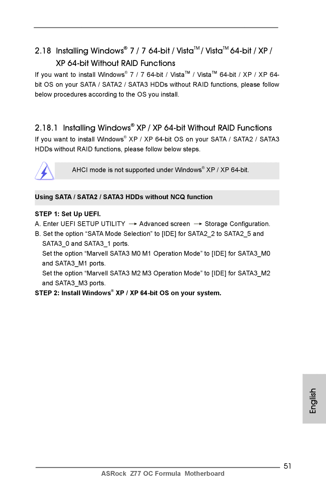 ASRock Z77 OC Formula manual Installing Windows XP / XP 64-bit Without RAID Functions 