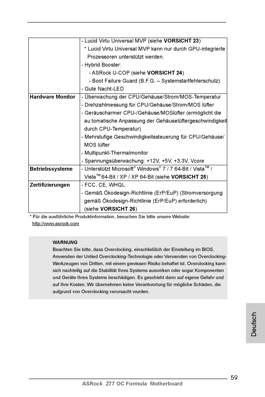 ASRock Z77 OC Formula manual Zertifizierungen, Warnung 