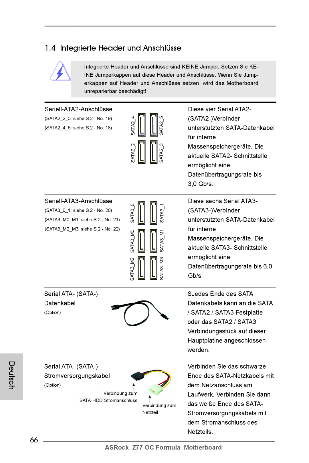 ASRock Z77 OC Formula manual Integrierte Header und Anschlüsse, Seriell-ATA2-Anschlüsse, Seriell-ATA3-Anschlüsse 