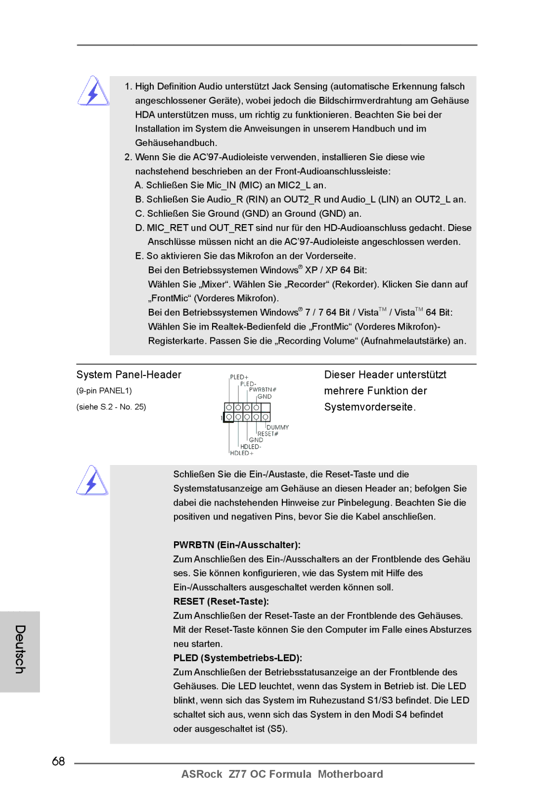 ASRock Z77 OC Formula manual System Panel-Header, Mehrere Funktion der, Systemvorderseite 