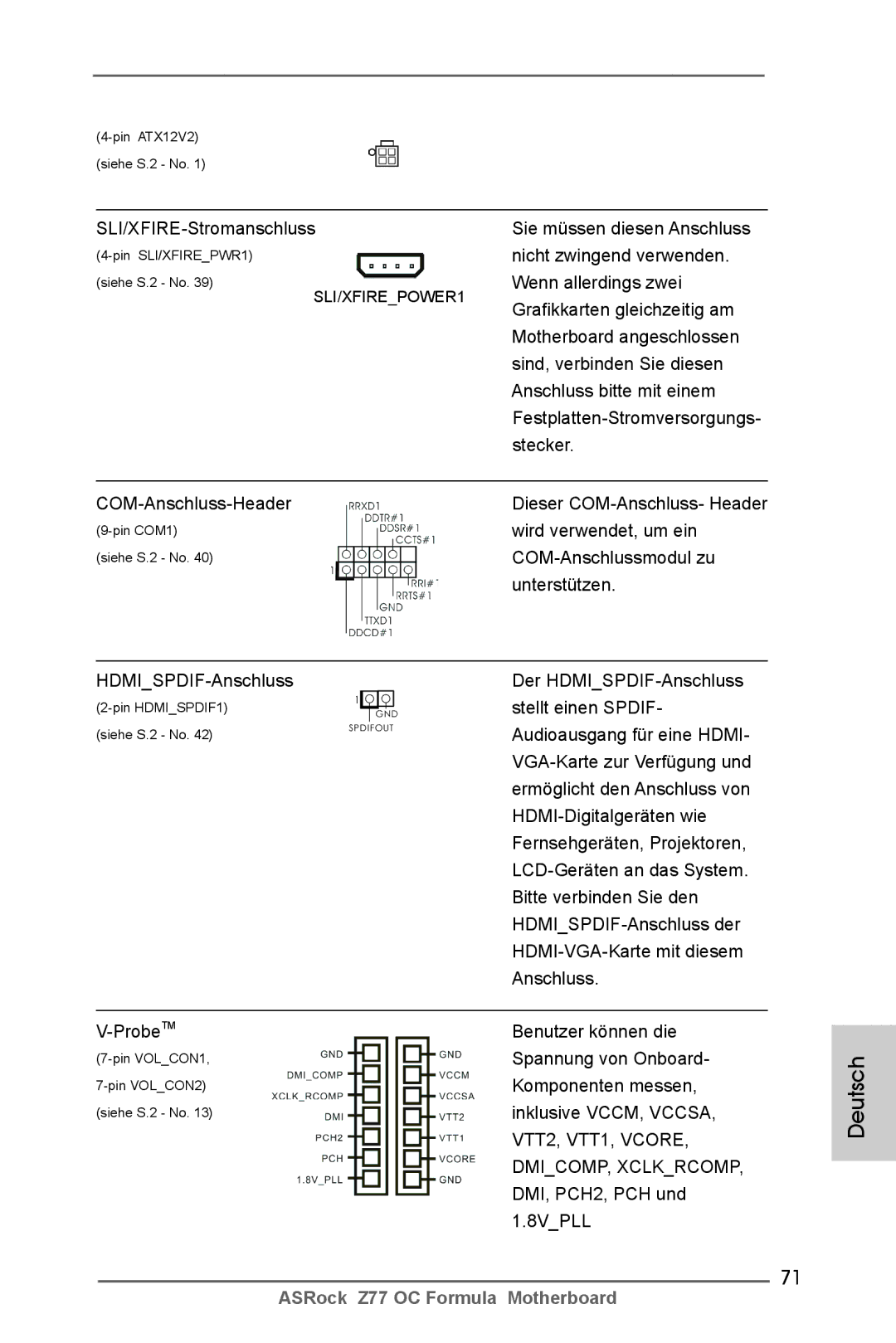 ASRock Z77 OC Formula manual SLI/XFIRE-Stromanschluss, Wird verwendet, um ein, COM-Anschlussmodul zu, Unterstützen 