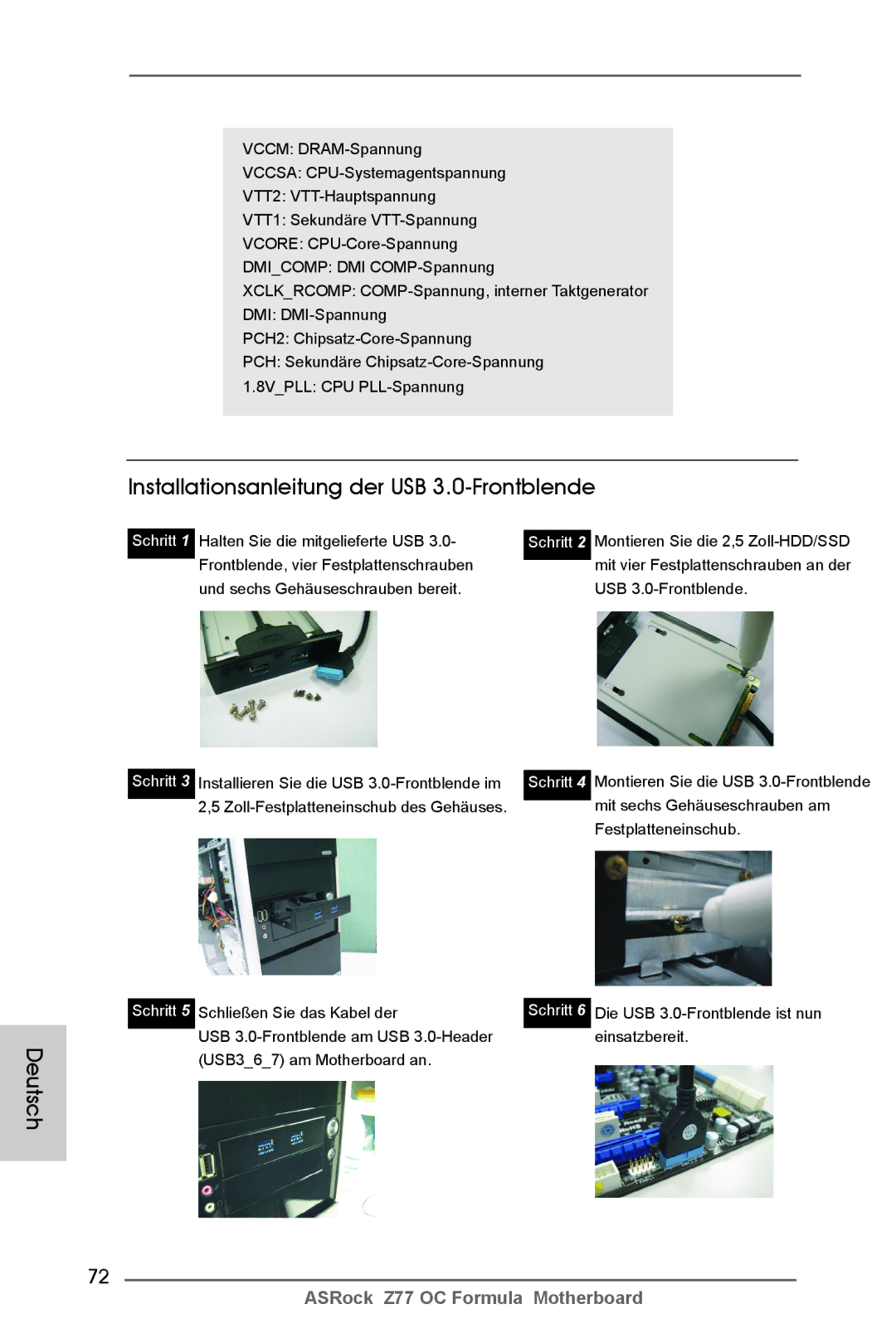 ASRock Z77 OC Formula manual Installationsanleitung der USB 3.0-Frontblende, Schritt 