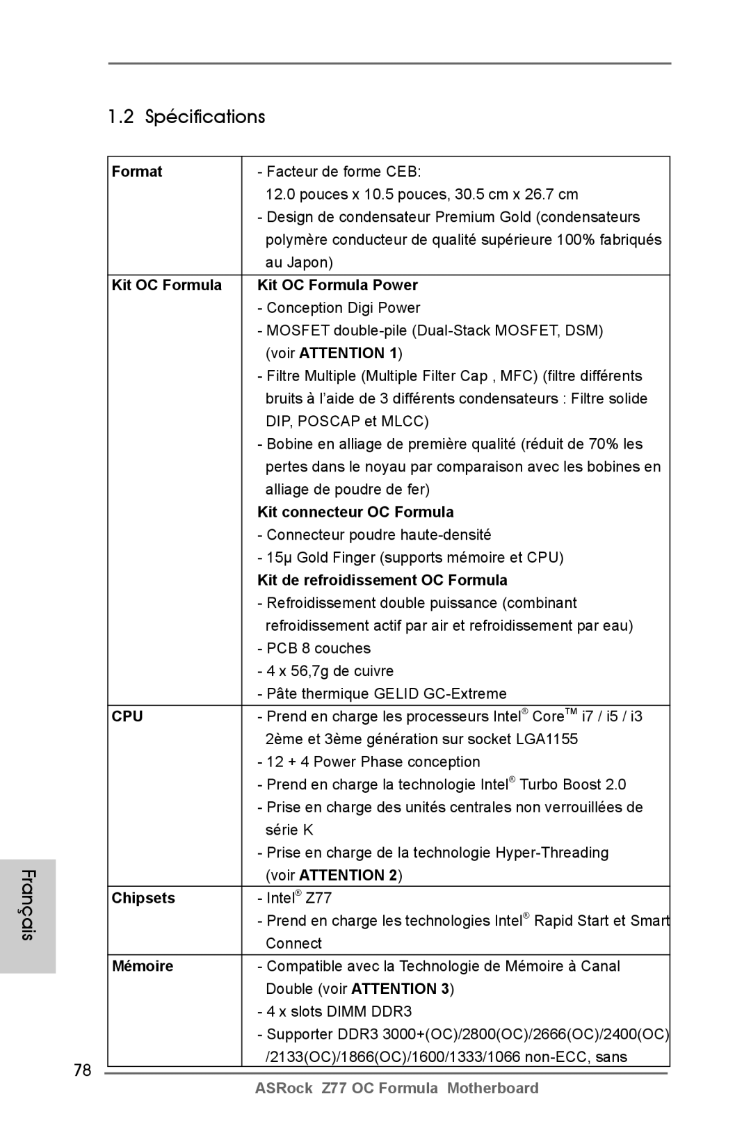 ASRock Z77 OC Formula manual Spécifications 