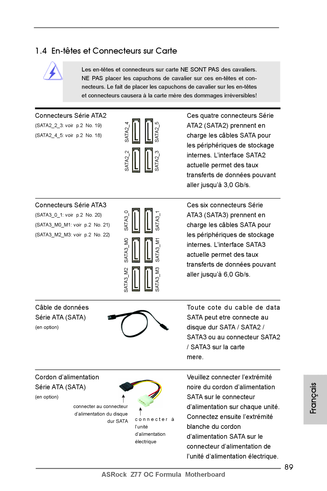 ASRock Z77 OC Formula manual En-têtes et Connecteurs sur Carte, Connecteurs Série ATA2, Connecteurs Série ATA3 