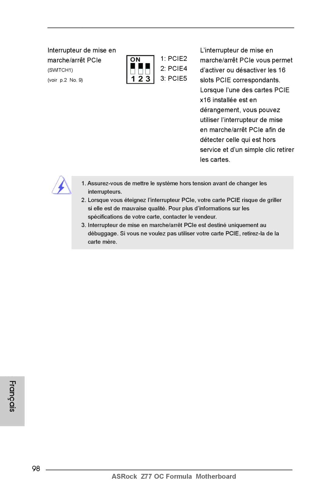 ASRock Z77 OC Formula manual Interrupteur de mise en PCIE2 Marche/arrêt PCIe, PCIE4 