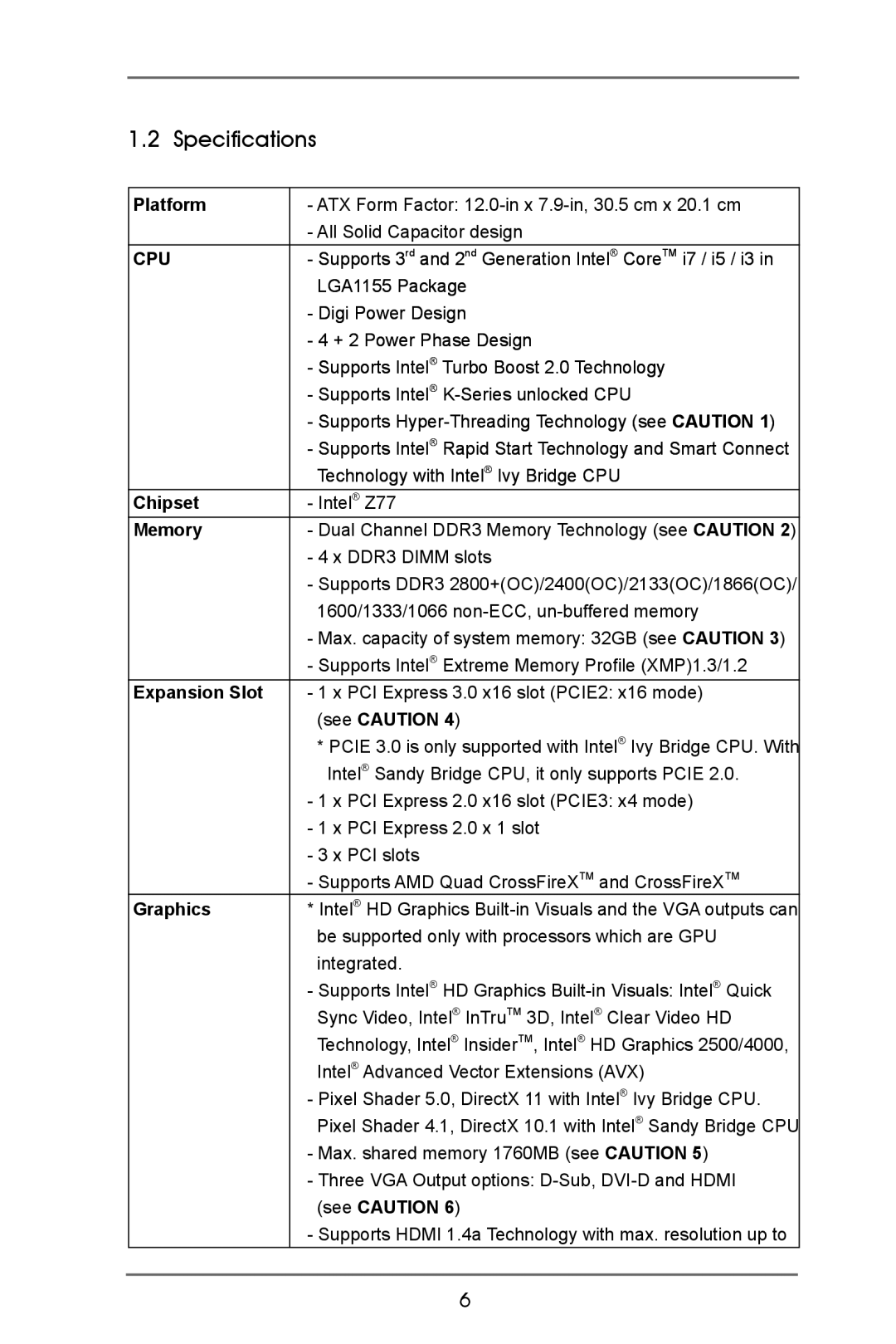 ASRock Z77 Pro4 manual Specifications 