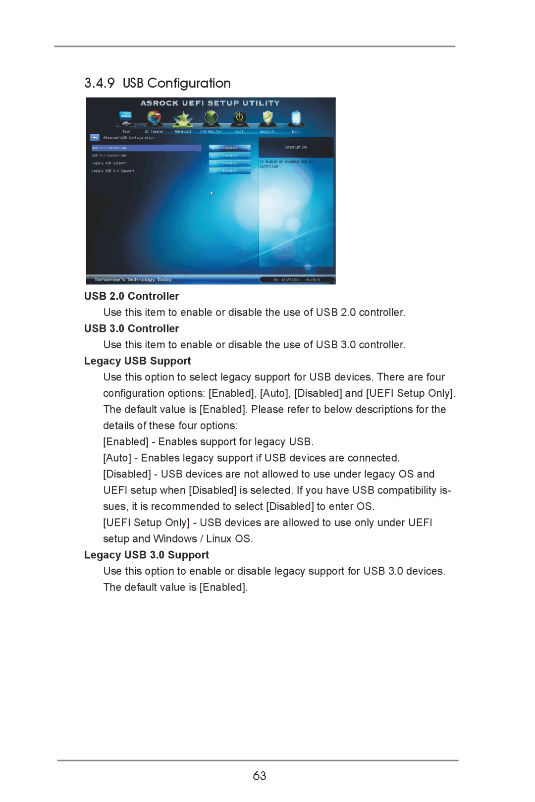 ASRock Z77 Pro4 USB Configuration, USB 2.0 Controller, USB 3.0 Controller, Legacy USB Support, Legacy USB 3.0 Support 