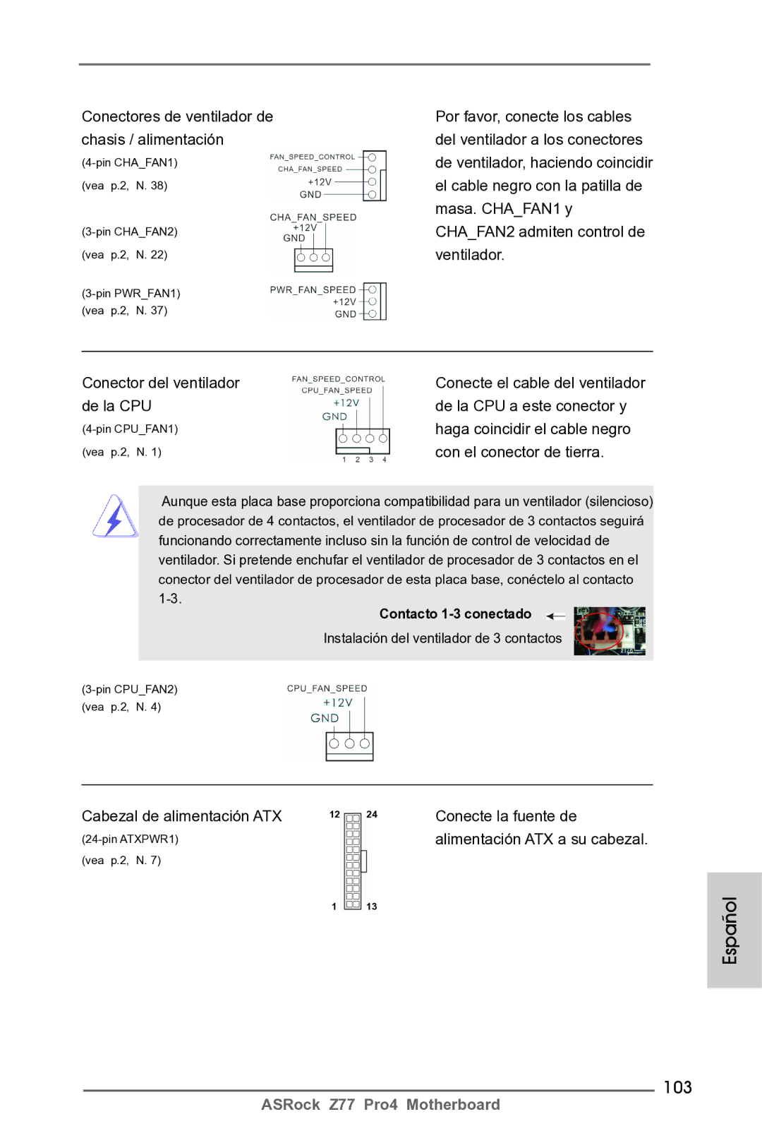 ASRock Z77 Pro4 manual 103, Cabezal de alimentación ATX 