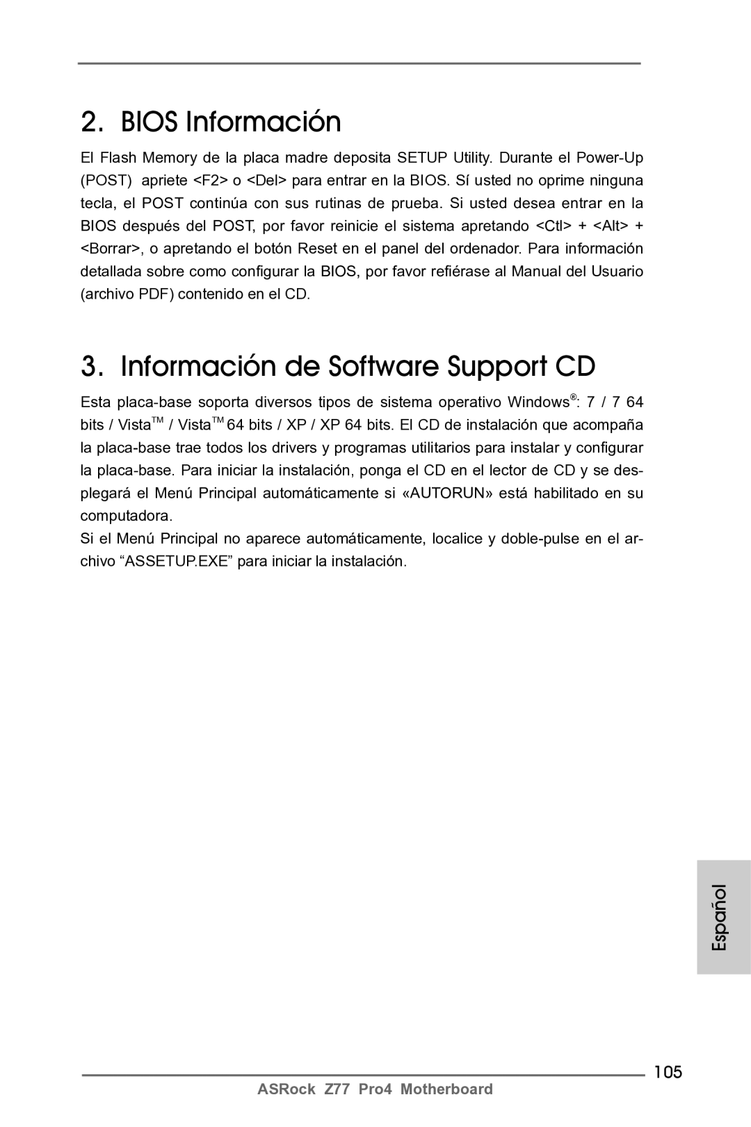 ASRock Z77 Pro4 manual Bios Información Información de Software Support CD, 105 