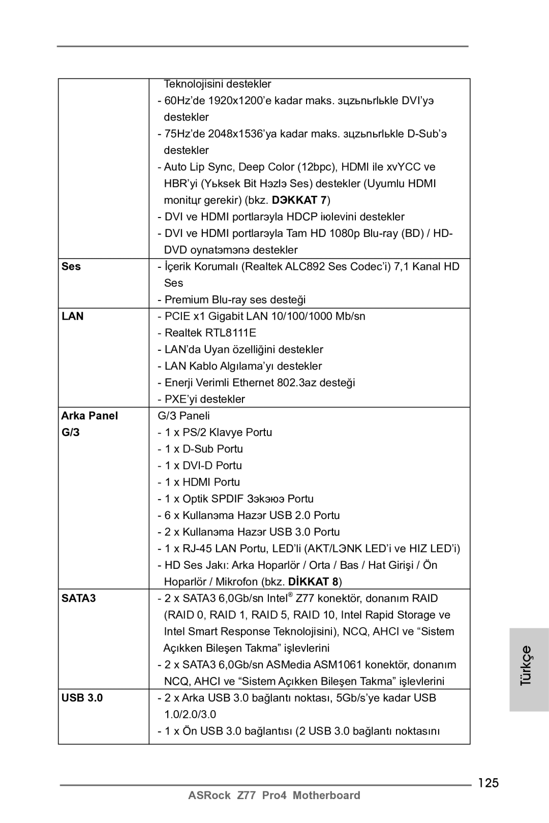 ASRock Z77 Pro4 manual 125, Ses, Arka Panel 