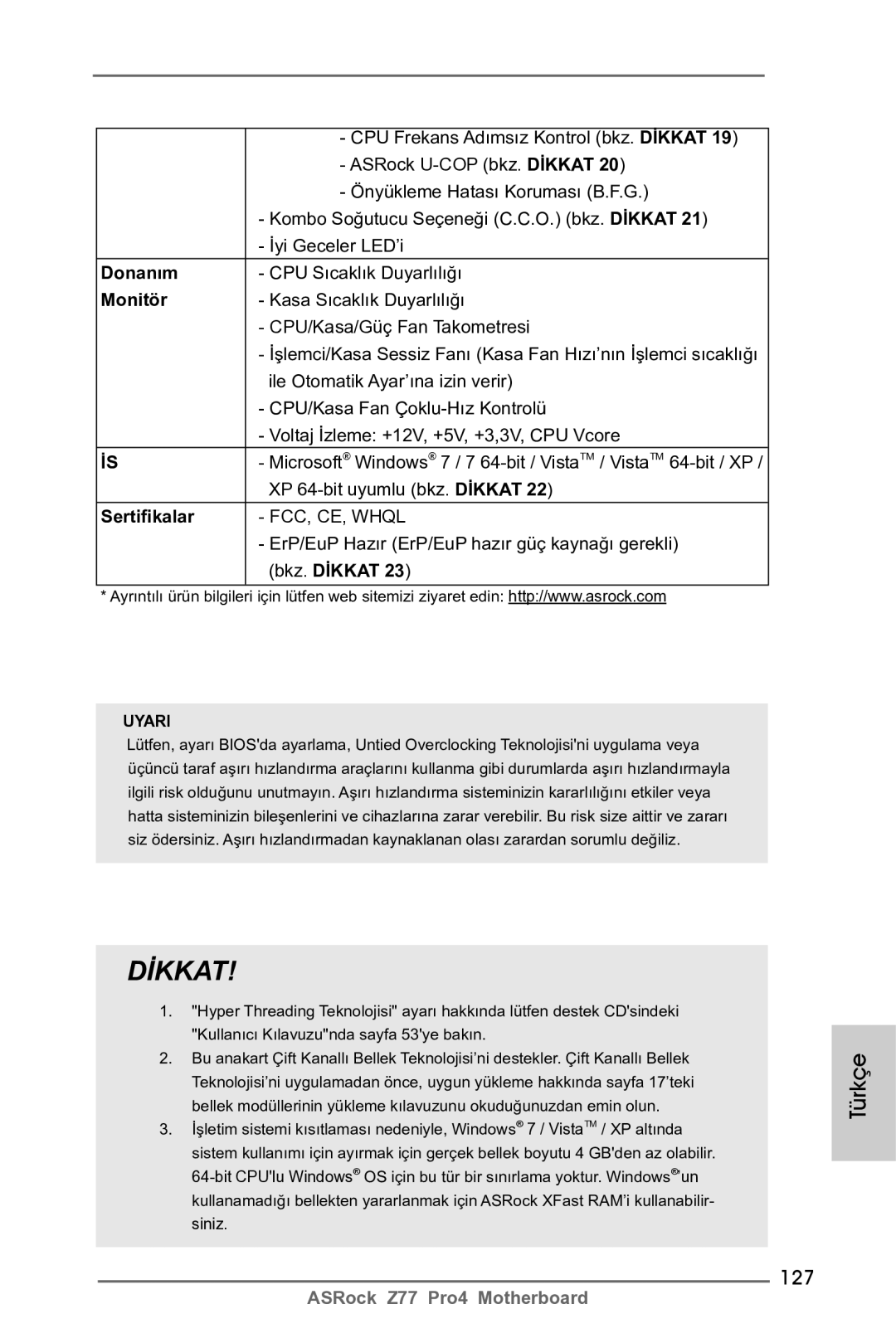 ASRock Z77 Pro4 manual 127, Donanım, Monitör, Sertifikalar 