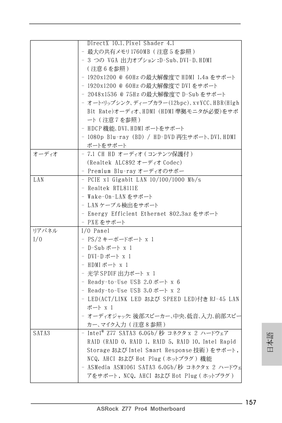 ASRock Z77 Pro4 157, DirectX 10.1、Pixel Shader, つの VGA 出力オプション D-Sub、DVI-D、HDMI, Intel Z77 SATA3 6.0Gb/ 秒 コネクタ x 2 ハードウェア 