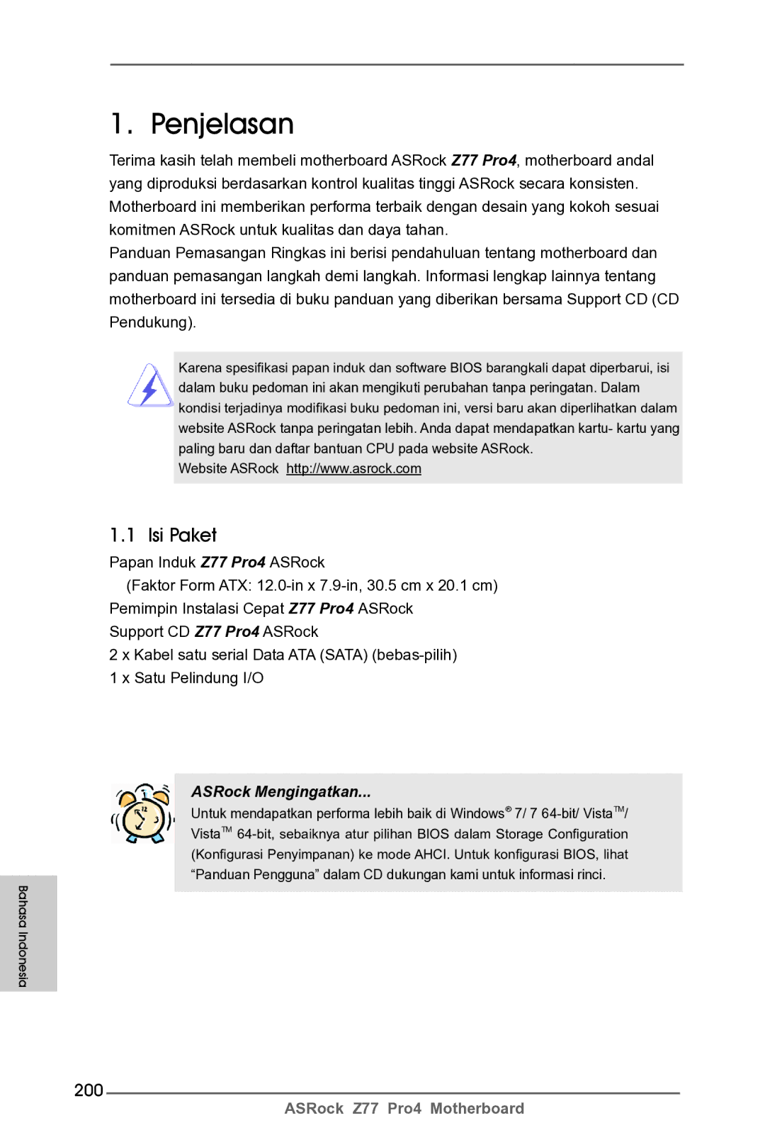 ASRock Z77 Pro4 manual Isi Paket, 200 