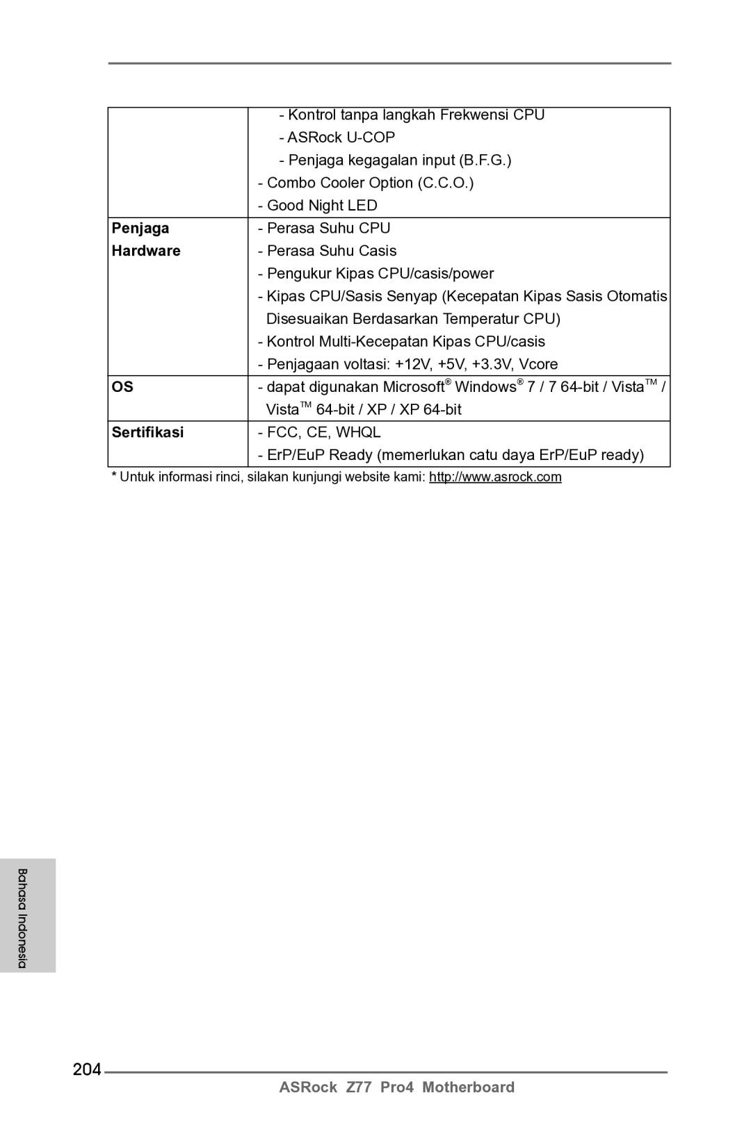 ASRock Z77 Pro4 manual 204, Penjaga, Sertifikasi 